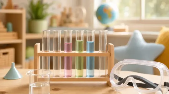 Ein Chemiebaukasten für Kinder mit Reagenzgläsern, kleinen Fläschchen und einem Ständer aufgebaut auf einem hellen Tisch in einem Kinderzimmer