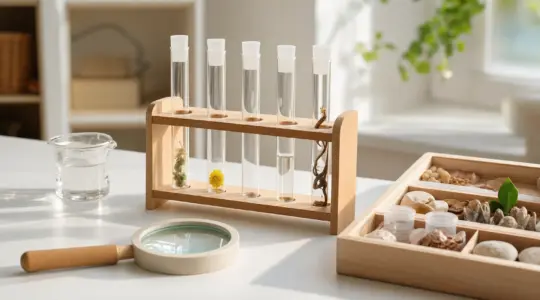 Ein Experimentierkasten für Kinder mit Reagenzgläsern, Becherglas und Lupe auf einem hellen Tisch