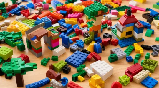 Viele bunte Klemmbausteine teils zusammengebaut auf einer Holzfläche