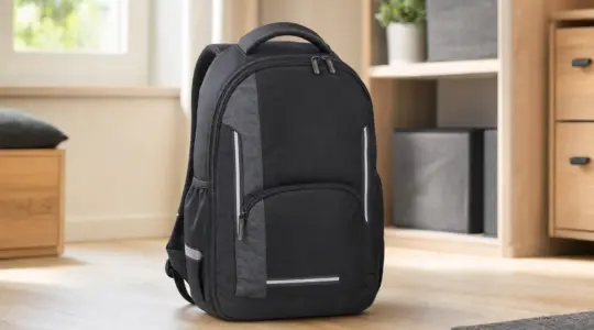 Ein moderner sportlicher Schulrucksack mit Reflektoren steht aufrecht auf einem hellen Holzboden