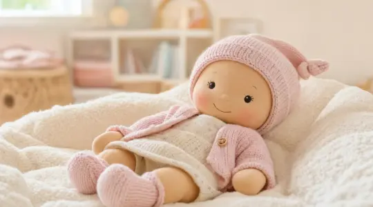 Eine weiche Babypuppe mit freundlichem Gesicht und gestricktem Outfit liegt auf einer hellen Decke