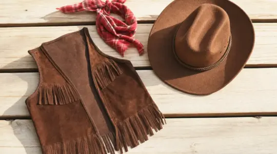 Ein Kinder-Cowboykostüm mit Weste, Hut und kariertem Halstuch auf einer Holzfläche