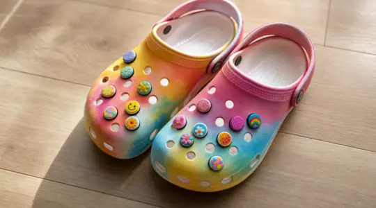 Ein Paar bunte Clog-Schuhe mit mehreren kleinen dekorativen Schmuck-Ansteckern auf einem Holzboden