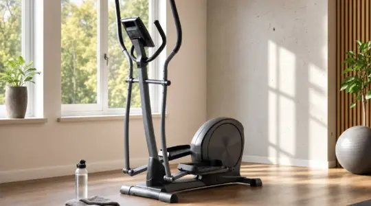 Ein Crosstrainer steht in einem hellen Trainingsraum am Fenster, daneben eine Trinkflasche und ein Handtuch