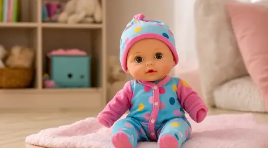 Eine niedliche Spielzeug-Babypuppe in einem bunten Strampler sitzt auf einer weichen Decke