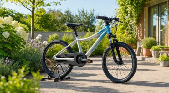 Ein modernes Kinderfahrrad steht auf einem Ständer auf einem gepflasterten Weg im Garten