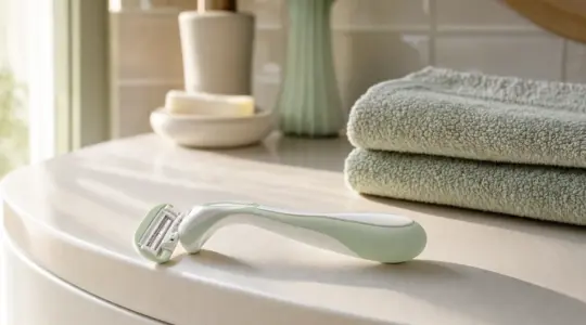 Ein Damenrasierer liegt auf einer hellen Ablage im Badezimmer, daneben ein Handtuch