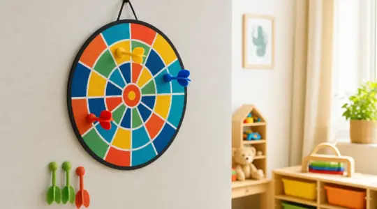 Eine kindgerechte Dartscheibe mit bunten Klettpfeilen an einer Wand im Kinderzimmer