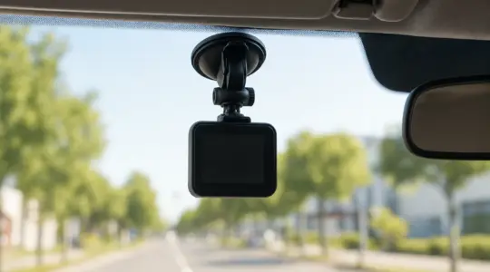 Eine Dashcam ist an der Windschutzscheibe eines Autos montiert und filmt die Straße