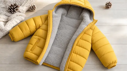 Eine warme gefütterte Kinder-Daunenjacke mit Kapuze auf einer Holzfläche