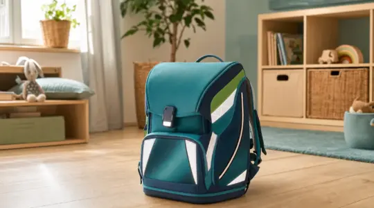 Ein moderner ergonomischer Schulranzen mit Reflektoren steht aufrecht auf einem hellen Holzboden