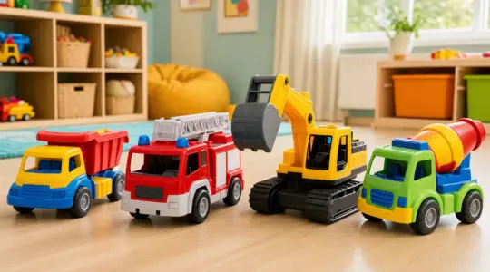 Mehrere bunte Spielzeug-Fahrzeuge wie Feuerwehrauto, Bagger und Lastwagen stehen auf einem Holzboden