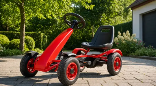 Ein robustes rotes Tret-Gokart für Kinder steht auf einer gepflasterten Einfahrt im Garten