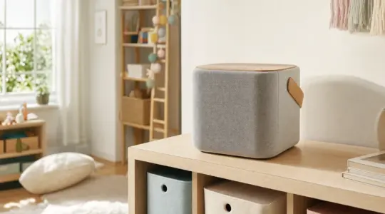 Eine schlichte würfelförmige weiche Audio-Box für Kinder steht auf einem hellen Holzregal