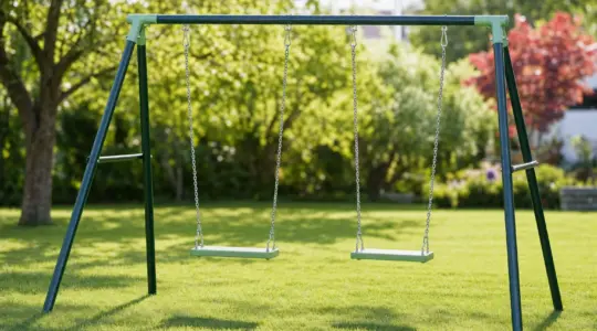 Stabile Kinder-Doppelschaukel mit zwei Brettsitzen an einem Metall-Schaukelgestell auf einer Rasenfläche im sonnigen Garten