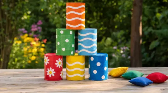 Ein bunter Stapel aus bemalten Blechdosen als Wurfspiel mit kleinen Stoffwurfsäcken