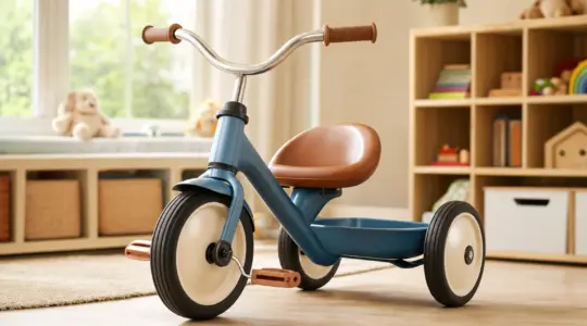 Klassisches Kinder-Dreirad mit Lenker und gepolstertem Sitz in freundlichen Farben in einem hellen Kinderzimmer