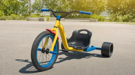 Ein buntes Drift-Trike mit Driftrollen an der Hinterachse auf einem asphaltierten Platz