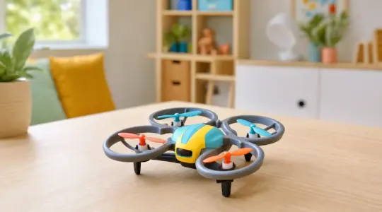 Eine kleine bunte Spielzeug-Drohne mit Propellerschutz auf einem hellen Holztisch