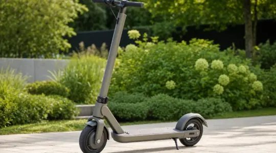Ein E-Scooter für Kinder in dezenter Farbe steht aufgestellt auf einem hellen Weg im Freien bereit