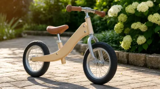 Ein hochwertiges Kinder-Laufrad aus hellem Holz und Metall steht auf einem gepflasterten Gartenweg