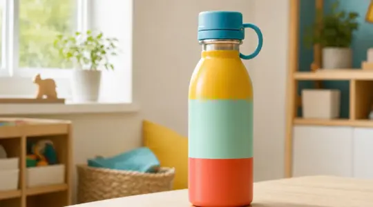 Eine bunte Edelstahl-Trinkflasche für Kinder auf einem hellen Holztisch