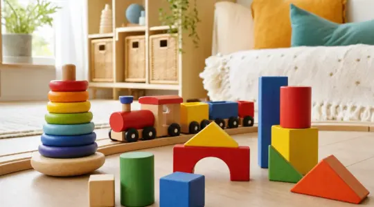 Buntes Holzspielzeug mit Stapelturm, kleiner Holzeisenbahn und Holzbausteinen auf einem hellen Holzboden