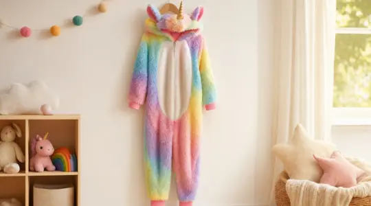 Ein buntes flauschiges Einhorn-Kostüm für Kinder mit Kapuze und Regenbogenfarben hängt an einem Kleiderbügel