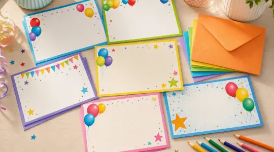 Bunte Einladungskarten für einen Kindergeburtstag liegen mit Umschlägen und Stiften auf einem hellen Tisch bereit