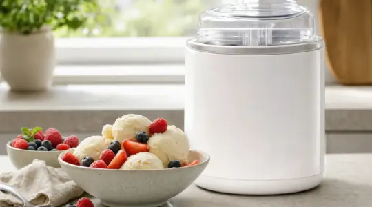 Eine Eismaschine steht auf einer hellen Küchenarbeitsplatte, daneben eine Schale mit cremigem selbst gemachtem Eis