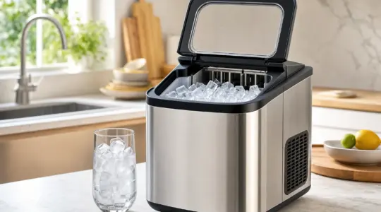 Eine Eiswürfelmaschine steht auf einer hellen Küchenarbeitsplatte und ist mit frischen Eiswürfeln gefüllt, daneben ein Glas mit Eis