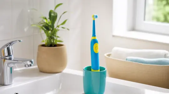 Eine bunte elektrische Kinderzahnbürste in einem Zahnputzbecher am Waschbecken