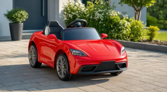 Ein rotes elektrisches Kinder-Aufsitzauto steht auf einer gepflasterten Einfahrt im Garten