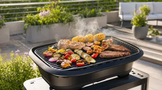 Ein Elektrogrill steht auf einer hellen Terrasse, auf dem Grillrost liegen Gemüse und Grillgut