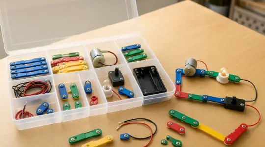 Ein Elektronik-Baukasten mit bunten Bauteilen und Kabeln liegt mit einer Anleitung auf einem hellen Tisch