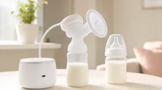 Eine moderne kompakte elektrische Milchpumpe in Weiß steht mit einer Milchflasche auf einer hellen Tischfläche
