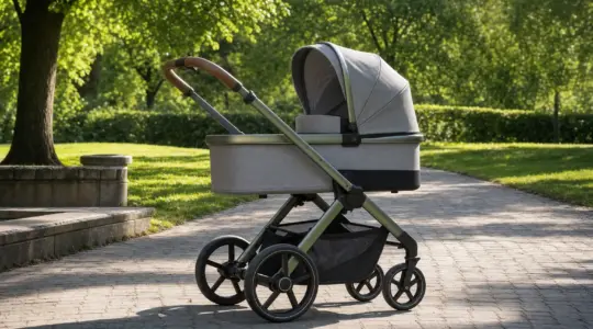Ein moderner hochwertiger Kinderwagen mit Liegewanne steht auf einem gepflasterten Weg in einem Park