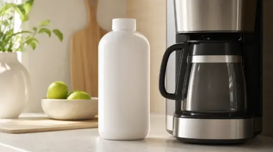 Eine schlichte Flasche neben einer Kaffeemaschine auf einer Küchenarbeitsplatte