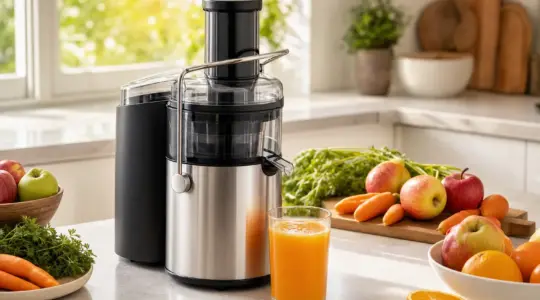 Ein Entsafter steht auf einer hellen Küchenarbeitsplatte, daneben ein Glas mit frisch gepresstem Saft und frisches Obst