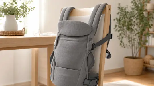 Eine moderne strukturierte Babytrage aus grauem Stoff hängt über einer hellen Stuhllehne