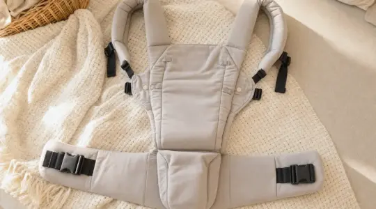 Eine ergonomische Babytrage mit gepolsterten Gurten liegt ordentlich ausgebreitet auf einer hellen Decke
