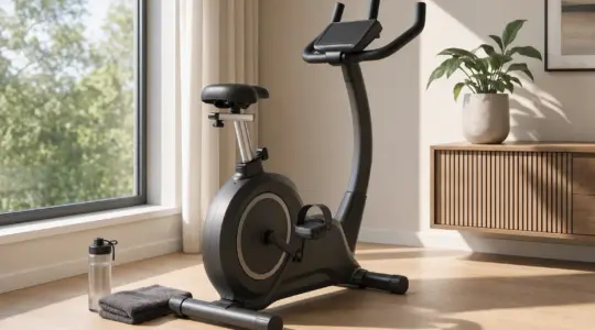 Ein Ergometer steht in einem hellen Trainingsraum am Fenster, daneben eine Trinkflasche und ein Handtuch