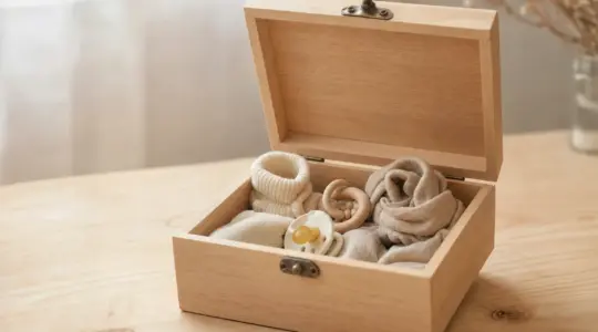 Eine schöne Erinnerungsbox aus hellem Holz mit aufgeklapptem Deckel, darin zarte Babyandenken wie kleine Söckchen und ein Schnuller, auf einem hellen Holztisch
