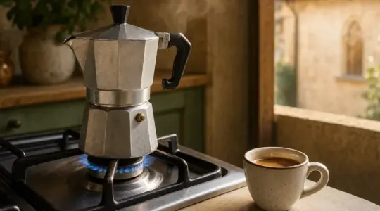 Ein Espressokocher aus Aluminium steht auf einem Herd, daneben eine kleine Tasse mit frischem Espresso