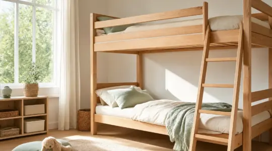 Ein modernes hölzernes Etagenbett mit zwei Ebenen, Leiter und Geländer im Kinderzimmer