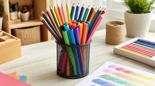 Bunte Stifte in vielen Farben liegen aufgefächert auf einem hellen Tisch bereit zum Malen