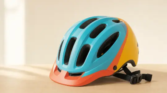 Bunter Kinder-Fahrradhelm mit Belüftungsschlitzen und verstellbarem Kinnriemen auf einem hellen Holztisch