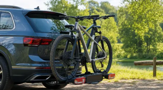 Ein stabiler Fahrradträger ist auf der Anhängerkupplung eines Autos montiert und hält die Räder sicher in ihren Schienen