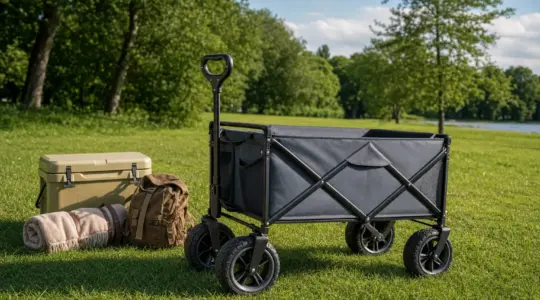 Ein faltbarer Bollerwagen aus Stoff mit großen Rädern auf einer Wiese im Park