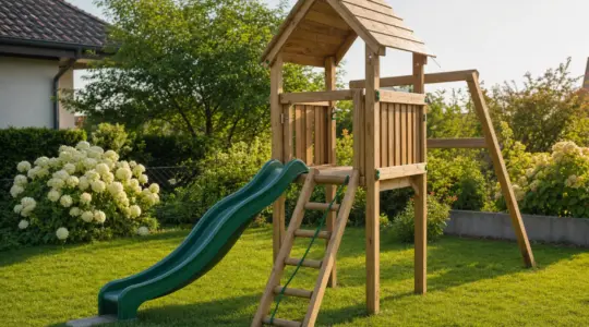 Ein robuster Spielturm aus Holz mit Rutsche, Plattform mit Dach und Kletterleiter auf einer Rasenfläche im Garten